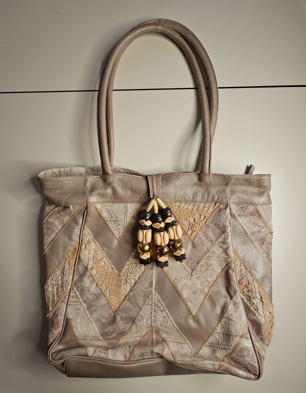 Vintage Brizzolari Italy Leather Patchwork Lace Beaded Tassel Tote Bag